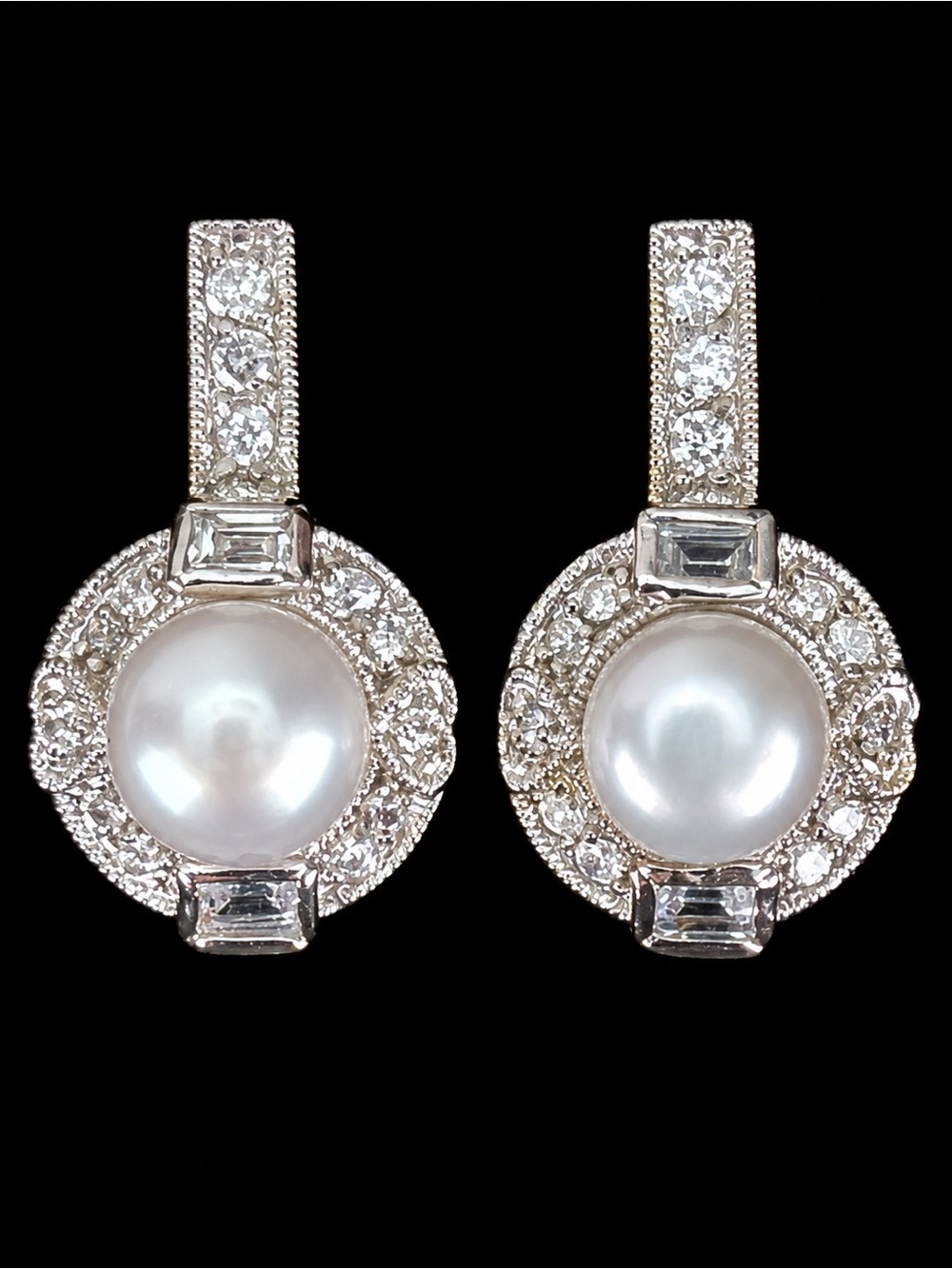Vintage Faux Pearl & Clear Faceted Accent Pierced Statement Earrings